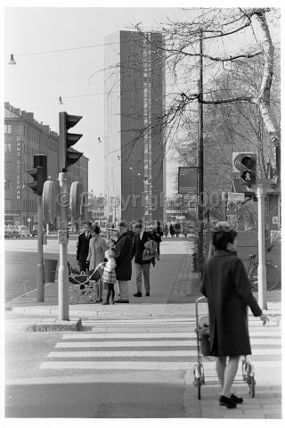 Sveavägen crossing Frejgatan view towards Wennergren center, Stockholm. (1967)