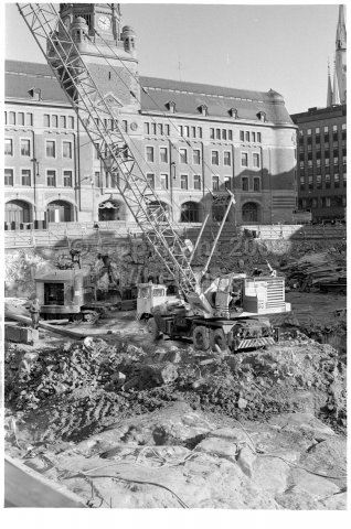 Construction work in front of the main post office, Stockholm. (1971)