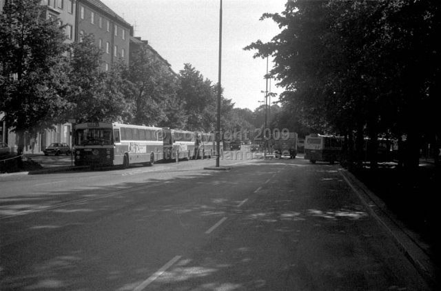 SL buses at Ringvägen, Södermalm, Stockholm. (1987)