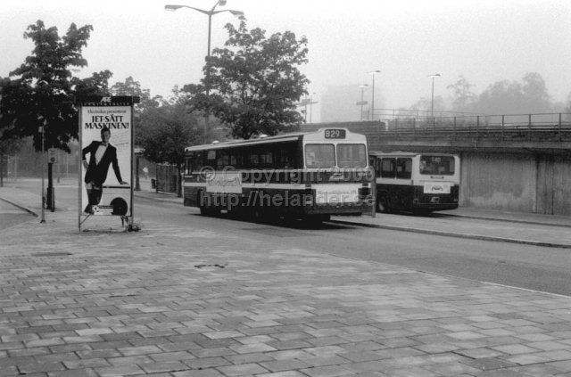 SL bus at bus stop in Farsta centrum, Stockholm. (1987)